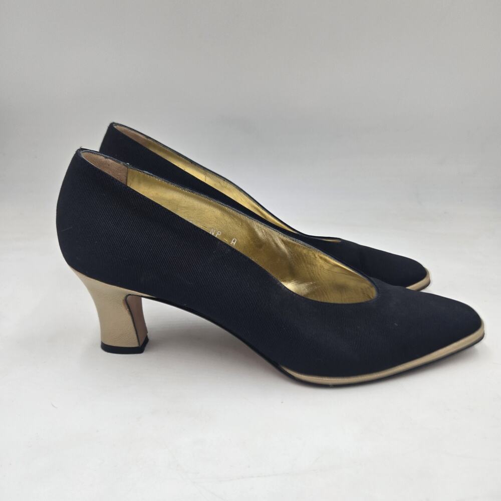 PANCALDI Navy Blue Fabric High Heel Gold Trim Pump Dress Shoes sz 8 AA Italy